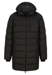 Schwarze Daunenjacke mit Kapuze, ausgestattet mit genähten horizontalen Paneelen, einem durchgehenden Reißverschluss und gerippten Bündchen für zusätzliche Wärme.