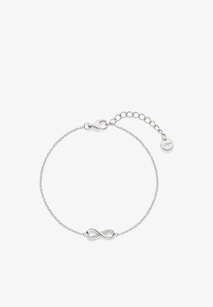 Bracelet en argent avec un symbole d'infini orné de petites pierres, des maillons de chaîne délicats et un fermoir mousqueton avec une longueur réglable.