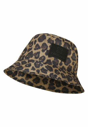 Chapeau seau à imprimé léopard avec large bordure et un patch rectangulaire noir portant l'inscription "CODELLO" à l'avant.