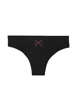 Schwarzer Low-Rise-String mit einer kleinen rosa Strasssteinschleife in der Mitte des vorderen Bunds.