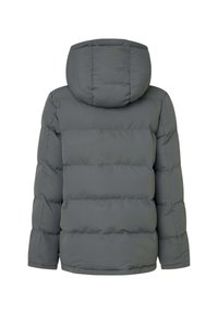 Giacca imbottita grigia con cappuccio, caratterizzata da un design trapuntato, polsini elasticizzati e orlo dritto. Realizzata in materiale liscio e resistente all'acqua.