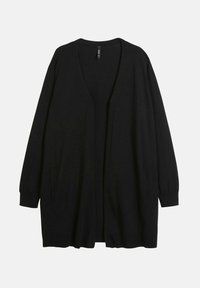Svart långärmad cardigan i mjukt stickat tyg med öppen framsida, sidfickor och en avslappnad passform. Har en V-ringning och ribbade ärmslut.