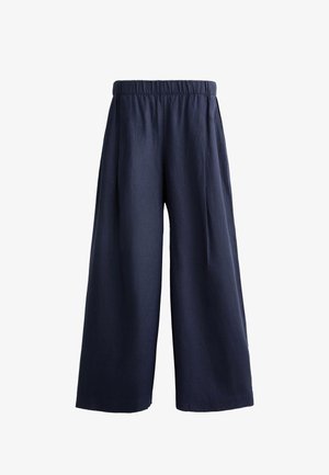 Marinefarbene weite Hosen aus leichtem Stoff mit elastischem Taillenbund und zwei seitlichen Taschen, die eine glatte Textur und eine gerade Silhouette aufweisen.