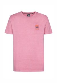 Rosa Baumwoll-T-Shirt mit Rundhalsausschnitt, kurzen Ärmeln und einer Vordertasche mit einem grafischen Design von Sonne und Wellen.