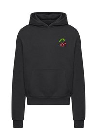 Felpa nera con cappuccio realizzata in tessuto morbido, caratterizzata da un design ricamato di ciliegie sull'area sinistra del petto e una tasca frontale.