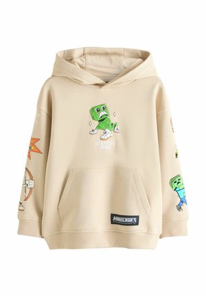 Beiger Kapuzenpullover mit Cartoon-Grafiken, darunter eine grüne Figur und der Schriftzug "SURVIVAL MODE", mit einer Fronttasche und einem Markenetikett.