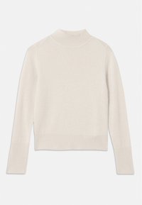 Kremfarget strikket genser med høy krage, ribbede mansjetter og nedre kant. Enkel design, myk tekstur og kort lengde.