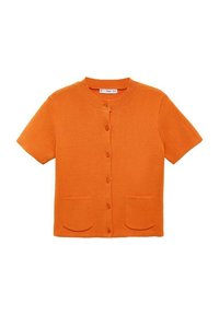Kortärmad orange cardigan, ribbad rund hals, femknappsstängning, två framfickor, slät stickad textur.