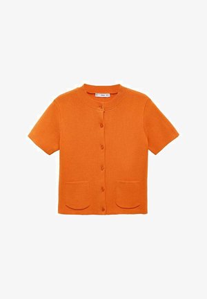Cardigan arancione a maniche corte, collo rotondo a coste, chiusura con cinque bottoni, due tasche frontali, texture in maglia liscia.