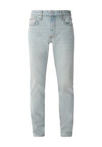Jean bleu clair taille haute à jambes droites, avec poches avant, passants de ceinture et fermeture par bouton métallique.