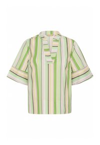 Ribade lühikeste varrukatega pluus V-kaelusega. Värvid sisaldavad roheline, heleroosa ja beež, erineva laiusega triibud ja sile tekstuur.