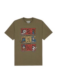 Olive green shirt with three colorful train cars featuring cartoon dogs and a skeleton, with "Element & Timber" text.