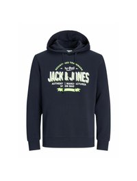 Sudadera azul marino de mezcla de algodón, con un gráfico frontal en texto verde brillante y blanco, cordón ajustable y puños acanalados.