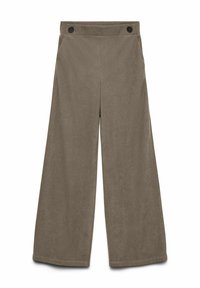 Pantalons larges en tissu taupe doux et muted. Présente deux boutons noirs à la taille et des poches sur les côtés. Texture lisse avec une finition soignée.