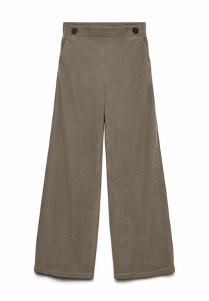 Pantaloni a gamba larga in un morbido tessuto taupe tenue. Caratterizzati da due bottoni neri in vita e tasche laterali. Tessuto liscio con una finitura sartoriale.