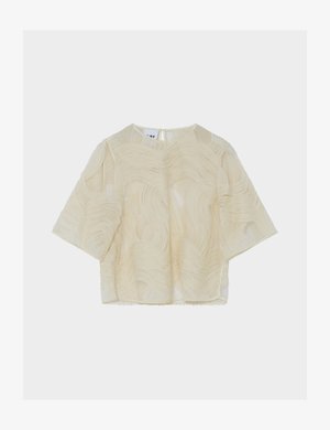 Transparente cremefarbene Kurzarmbluse mit strukturierten, wellenförmigen Mustern, rundem Ausschnitt und Knopfverschluss am Rücken.