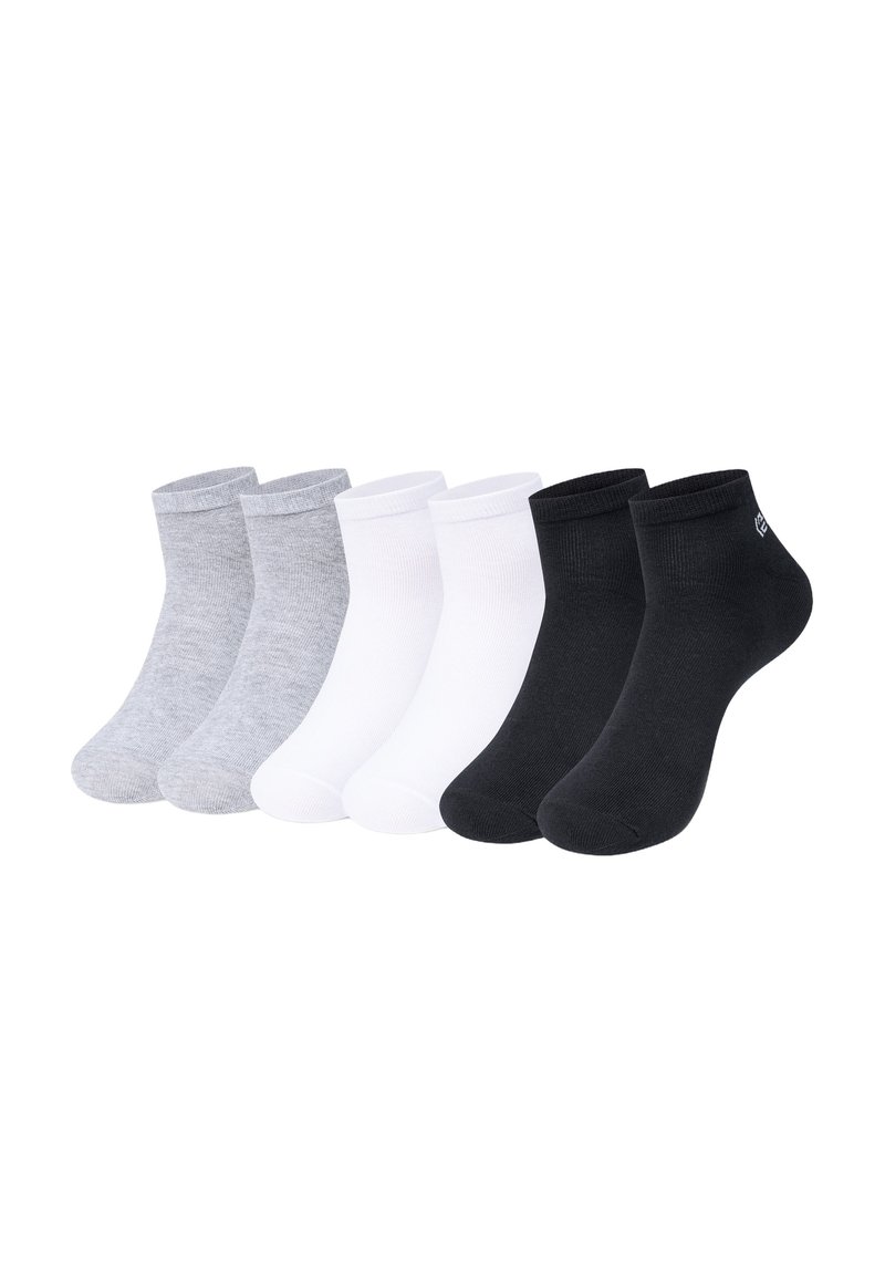 Set aus sechs Knöchelsocken in Grau, Weiß und Schwarz. Jedes Paar zeichnet sich durch eine einfarbige Optik und gerippte Bündchen für einen festen Sitz aus. Glatte Textur.