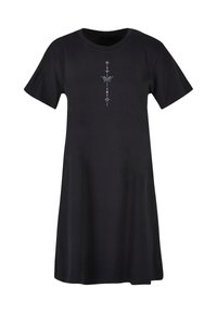 Schwarzes Baumwoll-T-Shirt-Kleid mit kurzen Ärmeln, das in der Mitte ein vertikales silbernes Grafikdesign aufweist. Rundhalsausschnitt, knieumspielender Schnitt.