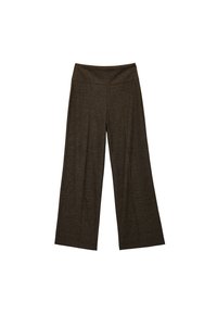 Bredde ben bukser i mørkebrun stof, med en glat talje og subtil tekstur. Designet inkluderer frontfolder for ekstra detalje.