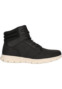 Stivaletto nero con tomaia in pelle liscia e collo imbottito. Presenta lacci rotondi, occhielli in metallo e una suola in gomma bianca a contrasto.