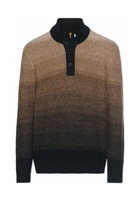 Gebreide trui met een gradient van lichtbruin naar donker marineblauw, met een hoge kraag, twee knopen en textuurpatronen over de hele trui.