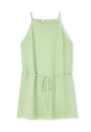 Světle zelené šaty bez rukávů s texturovanou, žebrovanou tkaninou. Obsahují opasek v pase a rovný střih, navržené pro volný střih.