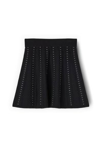 Fustă plisată neagră cu un talie ajustată, având rânduri verticale de pietre strălucitoare pentru detaliu și textură. Material moale cu formă structurată.