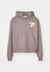 Gray zip-up hoodie with a drawstring hood, front pockets, and colorful "Nike SB" design on the left chest area. Soft, textured fabric.