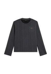 Maglione a maniche lunghe grigio scuro con scollatura rotonda, caratterizzato da un motivo a treccia testurizzato e un piccolo logo dorato sul petto. Finitura in materiale morbido.