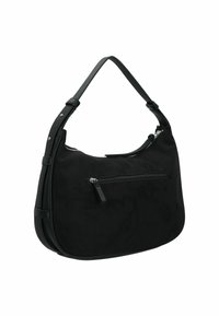 Borsa hobo nera con texture morbida in camoscio, spallaccio sottile e tasca esterna con zip per riporre gli oggetti. Forma curva e liscia.
