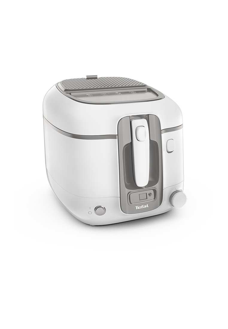 Frytkownica głęboka Tefal z białą obudową, szarymi akcentami, przednim panelem sterującym, okrągłą rączką i teksturowaną pokrywą. Posiada wskaźnik zasilania.