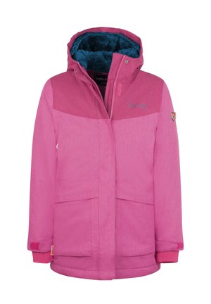 Pink hooded winter jacket with blue fleece lining, front pockets, and adjustable cuffs, designed for children.