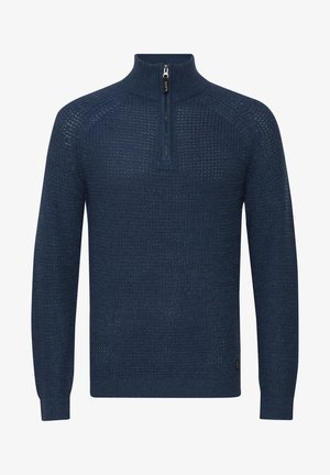 Navy blue knit sweater with a high collar and half-zip closure. Features a textured pattern and ribbed cuffs for snug fit.