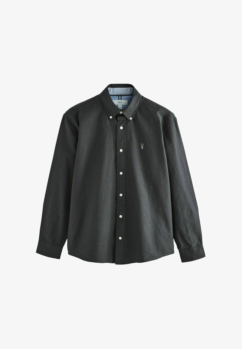 Schwarzes Langarm-Hemd mit Knopfverschluss aus Baumwolle, ausgestattet mit einem spitzen Kragen, hellblau gestreiftem Innenfutter und einem kleinen gestickten Emblem auf der Brust.