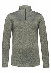 Grauer Langarmpullover mit halbem Reißverschlusskragen, aus strukturiertem Stoff gefertigt. Verfügt über ein dezentes Muster und ein kleines Logo auf der Brust.