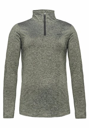 Grå langærmet pullover med halv lynlås krave, lavet af struktureret stof. Har et diskret mønster og et lille logo på brystet.