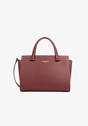 Maroon leather handbag with dual handles and a removable shoulder strap. Smooth texture, rectangular shape with silver hardware, and logo detail.