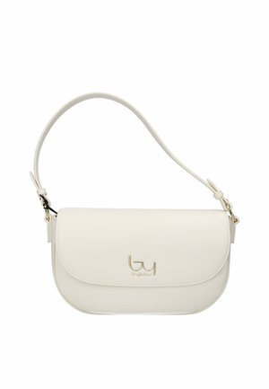 Borsa a spalla in pelle bianca con patta curva, tracolla regolabile e piccolo logo dorato "byblos" al centro della parte anteriore.