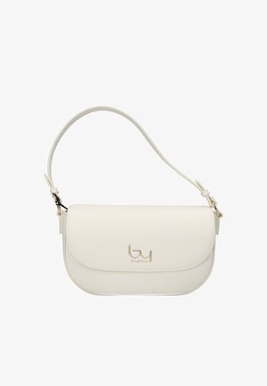 Borsa a spalla in pelle bianca con patta curva, tracolla regolabile e piccolo logo dorato "byblos" al centro della parte anteriore.