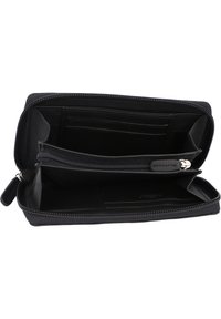 Zwarte leren portemonnee met een ritssluiting. Bevat meerdere kaartsleuven en compartimenten, heeft een gladde textuur en een strak ontwerp zonder externe versieringen.