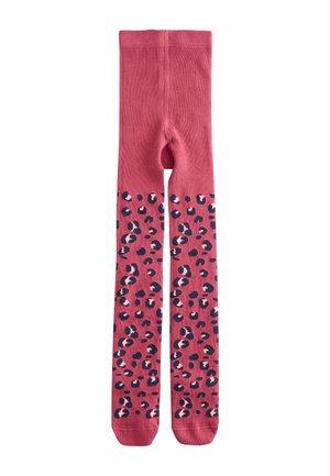 Rosa Kinderstrumpfhosen mit einem marineblauen und hellrosa Leopardenmuster an den Beinen sowie einem einfarbigen rosa Bund und oberem Bereich.