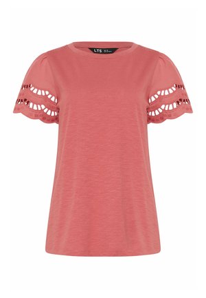 Top met korte mouwen in stofkleur stofroze met geschulpte, uitgevouwen kanten details op de mouwen en een ronde halslijn.