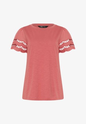 Top met korte mouwen in stofkleur stofroze met geschulpte, uitgevouwen kanten details op de mouwen en een ronde halslijn.