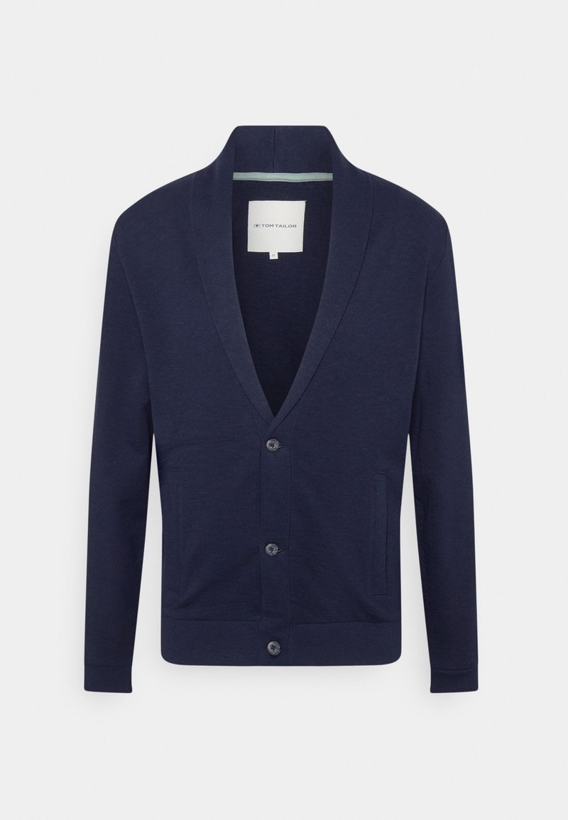 Cardigan en coton bleu marine à manches longues, col en V profond, trois boutons sur le devant, et deux poches avant.