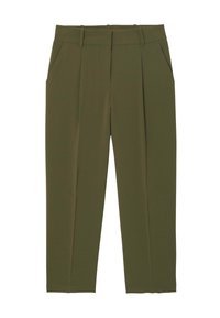 Pantalons vert olive au design sur mesure, avec des plis à l'avant, des poches latérales et un tissu lisse et texturé. Sans fermetures visibles.
