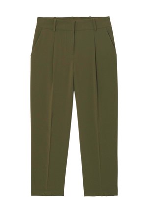 Pantalons vert olive au design sur mesure, avec des plis à l'avant, des poches latérales et un tissu lisse et texturé. Sans fermetures visibles.