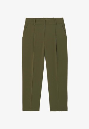 Pantalons vert olive au design sur mesure, avec des plis à l'avant, des poches latérales et un tissu lisse et texturé. Sans fermetures visibles.