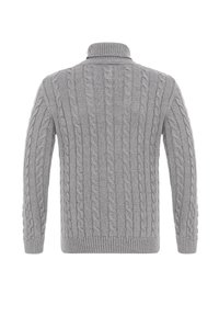 Maglione grigio lavorato a maglia con collo alto, caratterizzato da un motivo a trecce, polsi e orlo a coste, e una texture liscia.
