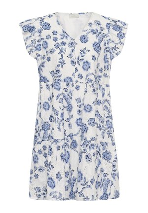 Witte jurk met korte mouwen met een blauwe bloemenprint, V-hals en ruches aan de mouwen, voorzien van een gelaagd rokkenontwerp.