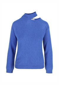Pull bleu à col montant, avec un design découpé sur un côté, des poignets côtelés et un ourlet côtelé. Fabriqué en tissu doux et texturé, offrant une silhouette ajustée.